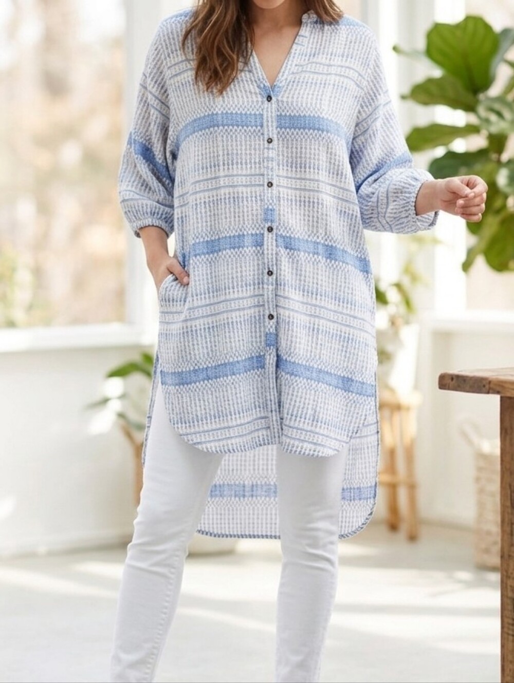 Anthropologie Maeve Lena Oversized Tunic Top - Blue & White Boho Beach